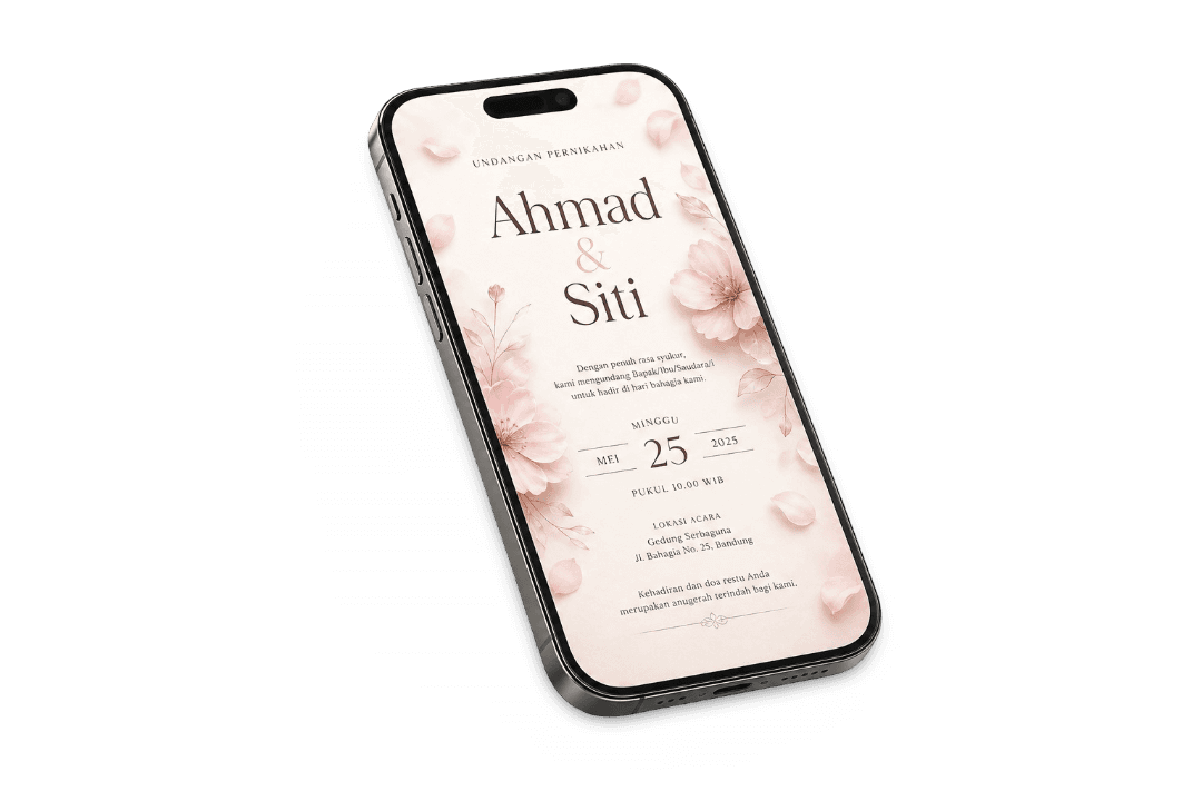 Mockup 3D smartphone menampilkan undangan pernikahan elegan